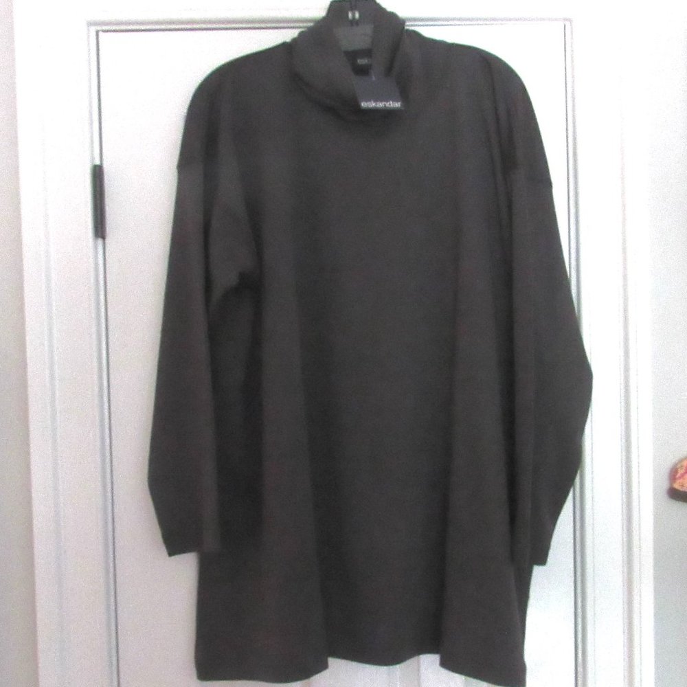 NWT New ESKANDAR Pima Cotton scrunch Neck Long Wide Aline T SHIRT TOP Slate OS